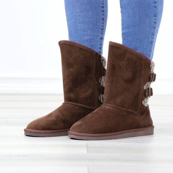 Brown Winter Warm Sherpa Lining Inside No Heel Mid Calf Flat Boots - Picture 11 of 11